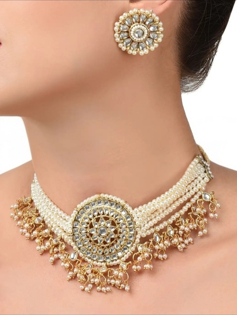Kundan Pearl Choker Necklace Set | Indian Bridal Wedding Jewelry | Ethnic Gold